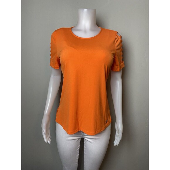F. Michael Kors Top M Orange Blouse Short Sleeve Round Neck NWT $68 - Picture 3 of 10